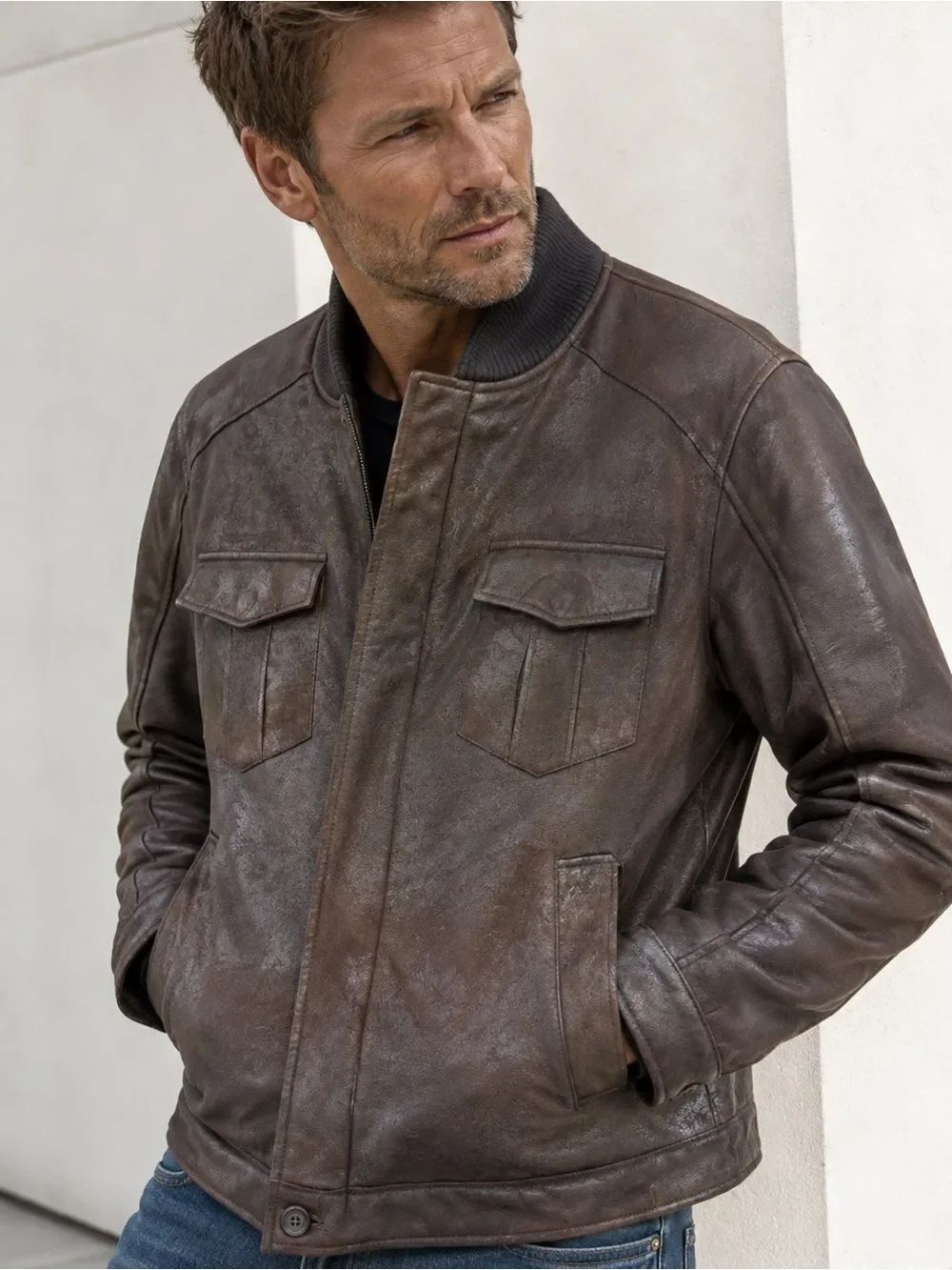 Zara Men’s Faux Distressed Leather Bomber Full Zip Brown Size XXL